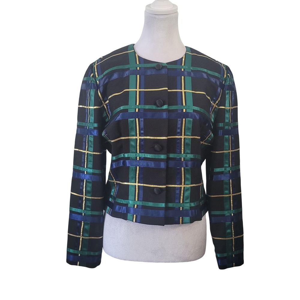 Talbots Womens 6P Evening Jacket Black Green Blue Ribbon Plaid Metallic Gold